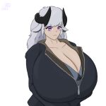 big_breasts black_horn bovid bra bra_peek breasts caprine cleavage clothed clothing doe_eyed female hair horizontal_pupils horn horned_humanoid huge_breasts humanoid hyper hyper_breasts jacket low_res mammal partially_unzipped pink_eyes pupils solo topwear underwear white_hair xvii_(artist) 