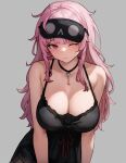  1girl absurdres bluefield breasts cleavage grey_background highres hololive hololive_english huge_breasts mori_calliope mori_calliope_(6th_costume) one_eye_closed pink_eyes pink_hair simple_background solo tagme 