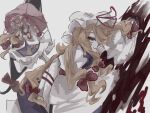  1girl blood blood_on_ground bow dress frilled_hat frills hair_bow hat hat_ribbon highres lying mob_cap on_side red_bow red_ribbon ribbon shindiyue skirt solo tabard touhou trigram umbrella white_dress yakumo_yukari 