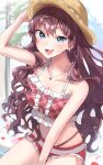  1girl :3 ban_(puka_0507) bare_shoulders blue_eyes breasts brown_hair cleavage earrings flower highres ichinose_shiki idolmaster idolmaster_cinderella_girls jewelry long_hair looking_at_viewer medium_breasts open_mouth smile solo swimsuit thighs wavy_hair 