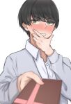  1boy black_hair blurry blush casual commentary_request depth_of_field dress_shirt embarrassed eyelashes eyes_visible_through_hair female_pov gift go-toubun_no_hanayome grey_jacket grin hand_on_own_face hand_up highres holding holding_gift incoming_gift jacket kakato_0 looking_at_viewer nose_blush open_clothes open_jacket pov shirt short_hair simple_background smile solo swept_bangs tsurime uesugi_fuutarou upper_body upturned_eyes white_background white_shirt yellow_eyes 