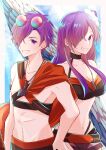  1boy 1girl bikini black_bikini breasts cleavage collarbone commentary eyewear_on_head fire_emblem fire_emblem:_three_houses fire_emblem_heroes fire_emblem_warriors:_three_hopes hair_over_one_eye hand_on_own_hip highres long_hair male_swimwear medium_breasts navel official_alternate_costume one_eye_covered purple_eyes purple_hair shez_(female)_(fire_emblem) shez_(female)_(summer)_(fire_emblem) shez_(fire_emblem) shez_(male)_(fire_emblem) shez_(male)_(summer)_(fire_emblem) short_hair stomach swim_trunks swimsuit teeth twitter_username yutohiroya 