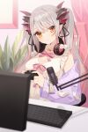  1girl absurdres blurry blurry_foreground bow breasts cleavage closed_mouth commentary_request controller depth_of_field dress game_controller grey_hair headphones headphones_around_neck highres holding indie_virtual_youtuber jacket keyboard_(computer) large_breasts long_hair long_sleeves looking_at_viewer microphone minasenagi monitor multicolored_hair off_shoulder official_art open_clothes open_jacket orange_eyes pink_hair puffy_long_sleeves puffy_sleeves purple_jacket sleeveless sleeveless_dress smile solo streaked_hair suou_patra twintails very_long_hair virtual_youtuber white_bow white_dress 
