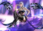  1girl allyloren artist_name asymmetrical_bangs bare_shoulders black_choker black_garter_straps black_skirt black_thighhighs breasts choker claw_(weapon) claws cone_hair_bun demon demon_girl drop_earrings earrings evelynn_(league_of_legends) eyeshadow finger_to_mouth garter_straps hair_bun hand_on_own_hip high_heels jewelry k/da_(league_of_legends) large_breasts league_of_legends lights makeup navel o-ring parted_lips patreon_username pink_lips purple_eyeshadow revealing_clothes sitting skirt solo spikes teeth the_baddest_evelynn thighhighs upper_teeth_only weapon white_hair yellow_eyes 