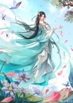  1girl absurdres artist_request backless_dress backless_outfit bare_shoulders blue_sky bug butterfly closed_mouth cloud detached_sleeves doupo_cangqiong dress earrings facial_mark falling_petals floating flower forehead_mark glint grass gu_xun_er_(doupo_cangqiong) hair_ornament highres jewelry long_hair official_art outdoors petals second-party_source sky smile solo thighhighs white_dress white_thighhighs yellow_eyes 