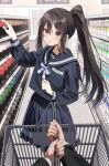  1boy 1girl annoyed black_jacket blue_jacket blue_skirt brown_eyes brown_hair convenience_store highres jacket long_hair looking_at_viewer original pentagon_(railgun_ky1206) ponytail pov school_uniform shirt shop shopping_basket skirt white_shirt 