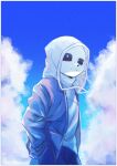  1boy blue_hoodie blue_jacket blue_sky blue_theme border bright_pupils cowboy_shot hood hoodie jacket male_focus mikan_u_t outdoors sans skeleton sky solo teeth two-tone_hoodie undertale white_border white_hood white_pupils 