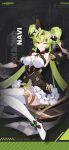  1girl ai-chan_(chrono_navi)_(honkai_impact) ai-chan_(honkai_impact) bare_shoulders black_headwear breasts chakram chinese_text english_text fingerless_gloves gloves green_bracelet green_hair highres honkai_(series) honkai_impact_3rd large_breasts leggings long_hair looking_at_viewer official_art official_wallpaper sitting smile solo translated v weapon white_leggings 