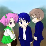  1girl 2boys blonde_hair blue_eyes blush brown_hair chibi habu_takehiro kunio-kun_series looking_at_another momozono_satomi multiple_boys nanase_(kunio-kun) pink_eyes pink_hair school_uniform sugata_(kunio-kun) two_side_up 