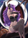  1girl armpits black_corset black_thighhighs breasts bridal_gauntlets camilla_(fire_emblem) cleavage corset cross-laced_clothes cross-laced_corset demon_girl demon_wings english_commentary fire_emblem fire_emblem_fates hair_over_one_eye halloween halloween_costume highres horns large_breasts long_hair moon navel night night_sky no_shoes presenting_armpit pumpkin purple_eyes purple_hair red_lips rinku_bny sitting sitting_on_branch sky solo star_(sky) thighhighs tiara wings 