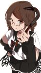  1girl arm_up black_bow black_sailor_collar black_skirt black_sleeves bow braid brown_hair choker commentary_request dead_mount_death_play detached_sleeves foreshortening from_above from_side glasses hand_on_own_hip hand_up highres holding holding_crowbar holding_weapon looking_at_viewer low_twin_braids multicolored_hair parted_lips pleated_skirt red-framed_eyewear red_bow red_choker red_hair sailor_collar sakimiya_misaki semi-rimless_eyewear short_sleeves simple_background skirt sleeves_past_wrists solo streaked_hair striped striped_bow tonogai_yoshiki twin_braids under-rim_eyewear weapon white_background 