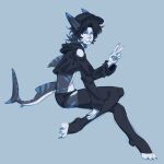  absurd_res black_clothing black_jacket black_topwear bottomwear clothing eliqyy feet fish hair hi_res high_cut_jacket hotpants humanoid jacket legwear long_hair male marine peace_symbol shark shark_fin shorts skinny skinny_male solo tail thigh_highs toby_(slimederg) topwear 