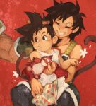  1girl 2boys black_eyes black_hair closed_eyes dragon_ball flower gine highres khyle. monkey_tail mother_and_son multiple_boys parted_lips red_background short_hair smile son_goku stuffed_toy tail tank_top toy white_flower white_tank_top 