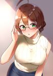  1girl ahoge bare_shoulders bespectacled black-framed_eyewear blue_skirt blush braid breasts brown_hair dot_nose earrings glasses green_eyes grey_background hair_between_eyes hand_up highres idolmaster idolmaster_million_live! idolmaster_million_live!_theater_days jewelry karua_(karua23) large_breasts leaning_forward light_brown_hair looking_at_viewer open_mouth sakuramori_kaori semi-rimless_eyewear shadow short_hair shy simple_background skirt sleeveless sleeveless_sweater solo sweater sweater_vest under-rim_eyewear white_sweater 