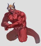  1boy abs another_eidos-r arm_rest bara beard black_hair colored_skin completely_nude cropped_legs curled_horns demon_boy earrings facial_hair grin highres horns jewelry large_pectorals looking_to_the_side male_focus mature_male multiple_earrings muscular muscular_male neumo nipples no_nipples nude pectorals pointy_ears red_skin satan_(another_eidos) short_hair smile solo stomach strongman_waist thick_arms thick_eyebrows thick_mustache thick_tail thick_thighs thighs unfinished v-shaped_eyebrows 