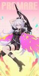  1girl absurdres ascot black_gloves black_headwear blue_eyes chinese_commentary closed_mouth cosplay gloves highres honkai_(series) honkai_impact_3rd honkai_impact_3rd_(style) kiana_kaslana kiana_kaslana_(herrscher_of_flamescion) lio_fotia lio_fotia_(cosplay) logo long_hair medium_hair official_alternate_costume promare smile solo thigh_strap upper_body white_ascot white_hair yukiri_(l_ii) 