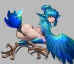 1girl animal_ears ass bird_ears bird_legs bird_tail black_panties black_sclera blue_feathers blue_hair blue_wings centralhanyuu colored_sclera feathered_wings feathers green_eyes grey_background hair_intakes hair_up harpy monster_girl original panties short_hair short_hair_with_long_locks sidelocks solo tail tail_feathers talons two-tone_eyes underwear winged_arms wings yellow_eyes 