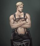  1boy abs bara belt black_belt black_pants blonde_hair chest_belt facial_hair large_pectorals male_focus muscular muscular_male navel nipples pants patreon_username pectorals reiner_braun shingeki_no_kyojin short_hair solo topless_male twitter_username urielbeaupre15 