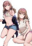  1girl arm_support black_socks blue_shorts blush bra breasts brown_hair closed_mouth collarbone feet_out_of_frame foot_out_of_frame green_eyes gridman_universe highleg highleg_panties highres legs long_hair looking_at_viewer lying medium_breasts minami_yume multiple_views navel off_shoulder on_side panties pink_bra pink_shorts shadow shirt short_shorts short_sleeves shorts sidelocks simple_background socks ssss.dynazenon standing standing_on_one_leg swept_bangs thighs totoki86 two-tone_bra unbuttoned underwear white_background white_bra white_shirt 