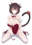  1girl absurdres animal_ears ass_visible_through_thighs bare_arms bare_shoulders bell between_legs bow bowtie breasts brown_hair cat_ears cat_girl cat_tail cleavage closed_mouth commission covered_navel detached_collar fake_animal_ears hairband hand_between_legs hand_on_own_chest hand_up highleg highleg_leotard highres jingle_bell large_breasts leotard looking_at_viewer mole mole_on_breast mole_on_thigh mole_under_eye nontraditional_playboy_bunny original prunechi red_eyes red_leotard second-party_source shoes short_hair simple_background sitting skindentation smile sneakers solo strapless strapless_leotard tail tail_bow tail_ornament tail_raised thighhighs thighs wariza white_background white_footwear white_thighhighs wrist_cuffs yn_6262 