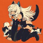  1girl all_fours animal_ears black_footwear boots cat cat_ears cat_girl cat_tail detached_sleeves fish_in_mouth grey_eyes keishin long_hair long_sleeves looking_at_viewer mouse original paw_print red_background simple_background solo tail thigh_boots white_hair 