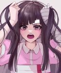  1girl angry apron arms_up bandaged_arm bandages black_hair collared_shirt d: danganronpa_(series) danganronpa_2:_goodbye_despair grabbing_own_hair highres holding holding_hair kkochmeli korean_commentary long_hair mole mole_under_eye pink_shirt puffy_short_sleeves puffy_sleeves shirt short_sleeves simple_background solo teeth tsumiki_mikan upper_body upper_teeth_only white_apron white_background 