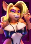  3d_(artwork) activision anthro areola areola_slip bandicoot big_breasts bikini black_lips blonde_hair breasts cleavage clothed clothing crash_bandicoot_(series) digital_media_(artwork) fangs female hair hi_res lips looking_at_viewer makeup mammal marsupial mascara navel nipple_outline sala3dart sling_bikini solo swimwear tawna_bandicoot teeth wide_hips 