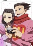  1boy 1girl ace_attorney black_eyes black_hair blush braid camera closed_mouth hetero holding holding_camera iris_(ace_attorney) long_hair long_sleeves mask mouth_mask open_mouth phoenix_wright phoenix_wright:_ace_attorney_-_trials_and_tribulations pink_shawl pink_sweater red_scarf scarf shawl short_hair smile surgical_mask sweater upper_body wahootarou 