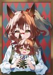  1girl animal_ears argyle argyle_background aston_machan_(umamusume) bespectacled border brown_border brown_hair buttons character_doll closed_mouth commentary_request doll double-breasted glasses green_eyes hair_between_eyes highres holding holding_doll horse_ears horse_girl looking_at_viewer medium_hair official_alternate_costume open_mouth purple_ribbon red-framed_eyewear red_scrunchie reversi_(reversi_ppp) ribbon scrunchie semi-rimless_eyewear smile solo umamusume upper_body 