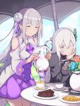  2girls absurdres bare_shoulders black_capelet black_dress braid butterfly_hair_ornament cake cake_slice capelet closed_eyes closed_mouth colored_eyelashes cookie crown_braid cup detached_sleeves dress echidna_(re:zero) emilia_(re:zero) flower flower_pot food hair_flower hair_ornament hair_ribbon head_rest highres holding holding_teapot looking_at_viewer multiple_girls one_eye_closed pointy_ears pouring purple_eyes purple_ribbon re:zero_kara_hajimeru_isekai_seikatsu ribbon sleeveless sleeveless_dress spilling sweat table tea teacup teapot turtleneck_dress white_hair wide_sleeves x_hair_ornament zerobarto 