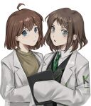  2girls ahoge blue_eyes brown_hair closed_mouth coat collared_shirt green_necktie grey_eyes hair_ornament hairclip highres lab_coat limbus_company lobotomy_corporation long_sleeves look-alike looking_at_viewer medium_hair michelle_(project_moon) multiple_girls na-gyou_(nunumaru) necktie open_mouth project_moon shirt shrenne_(limbus_company) sidelocks simple_background upper_body white_background white_coat white_shirt 