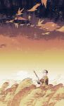  1boy aged_down bird black_eyes black_hair cloud cloudy_sky duck field flying golden_kamuy gun holding holding_gun holding_weapon looking_up ogata_hyakunosuke outdoors prepbon short_hair sky sun sunset weapon wheat wheat_field wind 