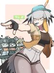  anger_vein bird_tail bird_wings blowing_whistle breasts character_request chibi cowboy_shot crop_top english_text fingerless_gloves gloves grey_hair grey_shorts head_wings highres jacket john_(a2556349) kemono_friends kemono_friends_3 large_breasts medium_hair midriff open_clothes open_jacket pantyhose pointing shoebill_(kemono_friends) short_shorts short_sleeves shorts solo_focus tail tsurime wings yellow_eyes 