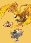  3others absurdres beak bird birdramon chicken claws cockatrimon digimon digimon_(creature) feathered_wings flying highres multiple_others no_humans open_mouth orange_background petit_blanc piyomon red_eyes simple_background wings 