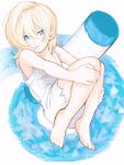  1girl bare_shoulders barefoot blonde_hair blue_eyes closed_mouth crayon dress hair_between_eyes highres holding_own_leg kingdom_hearts kingdom_hearts_ii looking_at_viewer medium_hair namine nishinsobha simple_background sitting solo sundress white_dress 