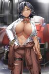  1girl arm_tattoo armored_core armored_core_6 black_hair breasts brown_jumpsuit center_opening cinder_carla cleavage dark_skin glasses highres huge_breasts jumpsuit jumpsuit_around_waist looking_at_viewer mecha medium_hair navel open_clothes open_shirt robot saizu_nitou_gunsou shirt sleeves_rolled_up solo standing tattoo tied_jumpsuit white_shirt yellow_eyes 