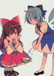  2girls ascot bare_shoulders black_footwear blue_bow blue_dress blue_eyes blue_hair blush_stickers bow brown_eyes brown_footwear brown_hair cirno closed_mouth collared_shirt detached_sleeves detached_wings dress fairy frilled_skirt frills hair_between_eyes hair_bow hair_tubes hakurei_reimu highres ice ice_wings japanese_clothes long_hair menma_(enaic31) multiple_girls nontraditional_miko open_mouth red_bow red_skirt ribbon-trimmed_sleeves ribbon_trim shirt shoes short_hair short_sleeves skirt smile socks touhou twitter_username white_shirt white_socks wide_sleeves wings yellow_ascot 