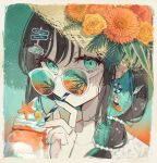  1girl absurdres akakura blue_eyes blue_hair blue_nails braid brown_hair colored_inner_hair commentary drink earrings flower hair_ornament hat highres jewelry long_hair multicolored_hair orange_flower original single_braid solo straw_hat sunglasses symbol-only_commentary 