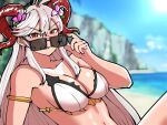  1girl adjusting_eyewear angry antenna_hair armlet bangs bare_shoulders beach bikini blue_sky blurry blurry_background breasts cleavage clenched_teeth collarbone curled_horns day diamond-shaped_pupils diamond_(shape) english_commentary fire_emblem fire_emblem_heroes freyja_(fire_emblem) freyja_(summer)_(fire_emblem) goat_horns grey_hair hair_between_eyes horns large_breasts long_hair looking_at_viewer midriff mnejing30 navel outdoors red_eyes red_horns sidelocks sky solo sunglasses swimsuit symbol-shaped_pupils teeth v-shaped_eyebrows very_long_hair white_bikini 
