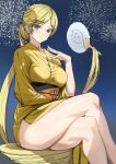  1girl alternate_hairstyle ashiomi_masato blonde_hair blue_eyes blush breasts closed_mouth crossed_legs fireworks guilty_gear guilty_gear_strive hand_fan highres holding holding_fan japanese_clothes kimono large_breasts long_hair looking_at_viewer millia_rage night night_sky ponytail sash sitting sky smile thick_thighs thighs twitter_username very_long_hair yellow_kimono 