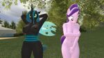  16:9 3d_(artwork) anthro anthrofied arthropod big_breasts breasts changeling covering covering_breasts covering_crotch covering_self digital_media_(artwork) duo embarrassed equid equine exhibitionism female friendship_is_magic genitals hands_behind_head hasbro hi_res horn mammal my_little_pony navel nipples nude outside papadragon69 plant pussy queen_chrysalis_(mlp) starlight_glimmer_(mlp) tree unicorn widescreen 