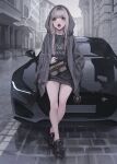  1girl absurdres car cigarette city commentary grey_eyes grey_hair ground_vehicle highres holding holding_cigarette hood hood_up jacket jewelry koh_(minagi_kou) motor_vehicle open_clothes open_jacket open_mouth original pendant revision smoke smoking solo sports_car tongue tongue_out vehicle_request 
