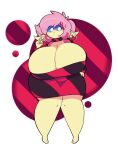  anthro audino big_breasts blue_eyes breasts cleavage clothed clothing dewy-eyedboy female generation_5_pokemon hair huge_breasts huge_thighs hyper hyper_breasts nintendo pink_hair pokemon pokemon_(species) quote_the_audino solo standing thick_thighs yellow_body 