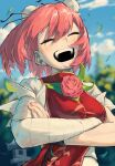  1girl absurdres bandaged_arm bandages blast-7 blue_sky blurry blurry_background breasts bun_cover closed_eyes cloud commentary_request crossed_arms day double_bun falling_leaves flower hair_between_eyes hair_bun highres ibaraki_kasen laughing leaf long_bangs medium_breasts open_mouth outdoors pink_flower pink_hair pink_rose rose shirt short_hair short_sleeves sky smile solo tabard teeth touhou upper_body white_shirt 