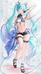  1girl absurdly_long_hair aqua_hair arm_up armpits bare_arms bare_legs bare_shoulders black_shirt black_shorts blue_eyes blue_jacket breasts crop_top front-tie_top hair_ribbon hatsune_miku highleg highres holding holding_microphone jacket kayjae long_hair looking_at_viewer micro_shorts microphone midriff navel off_shoulder open_fly ribbon sandals shirt shorts skindentation sleeveless sleeveless_shirt small_breasts solo stomach thigh_strap thighs twintails very_long_hair vocaloid 