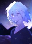  1boy anoko_(darenokoanoko) black_shirt boku_no_hero_academia highres looking_at_viewer male_focus medium_hair mountain night night_sky outdoors red_eyes scar scar_on_face shigaraki_tomura shirt sky solo white_hair wrinkled_skin 