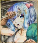  1girl 283win acrylic_paint_(medium) blue_eyes blue_hair breasts cleavage collarbone green_headwear hair_bobbles hair_ornament holding holding_wrench indoors kawashiro_nitori key_hair_ornament large_breasts looking_at_viewer open_mouth painting_(medium) photo_(medium) shikishi short_hair solo teeth touhou traditional_media two_side_up upper_body upper_teeth_only wrench 
