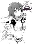  1girl baseball_bat baseball_uniform character_signature chewing_gum crop_top greyscale highres holding holding_baseball_bat idolmaster idolmaster_million_live! idolmaster_million_live!_theater_days midriff minazuki_tooru monochrome nagayoshi_subaru navel shorts sportswear wristband 