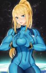  1girl absurdres blonde_hair blue_bodysuit blue_eyes blush bodysuit breasts covered_navel hair_between_eyes heart-shaped_boob_challenge highres large_breasts long_hair metroid mole mole_under_mouth ponytail rojen_p samus_aran skin_tight solo wristband zero_suit 