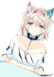  1girl animal_ear_fluff animal_ears aties20 black_collar blonde_hair blue_eyes blush breasts collar cropped_shirt dog_ears dog_girl hair_ornament hololive hololive_english looking_at_viewer medium_hair mococo_abyssgard multicolored_hair pink_hair shirt sidelocks small_breasts spiked_collar spikes streaked_hair virtual_youtuber white_background white_shirt x_hair_ornament 